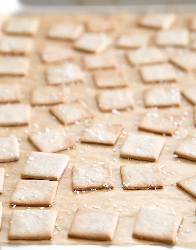 A side angle image of baked gluten free wheat thins style crackers