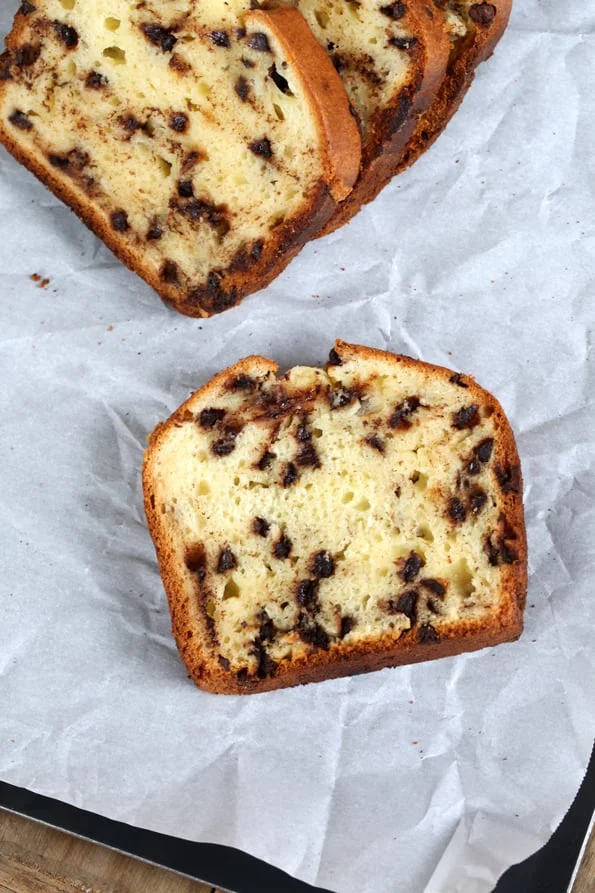 A single slice of chocolate chip yogurt bread