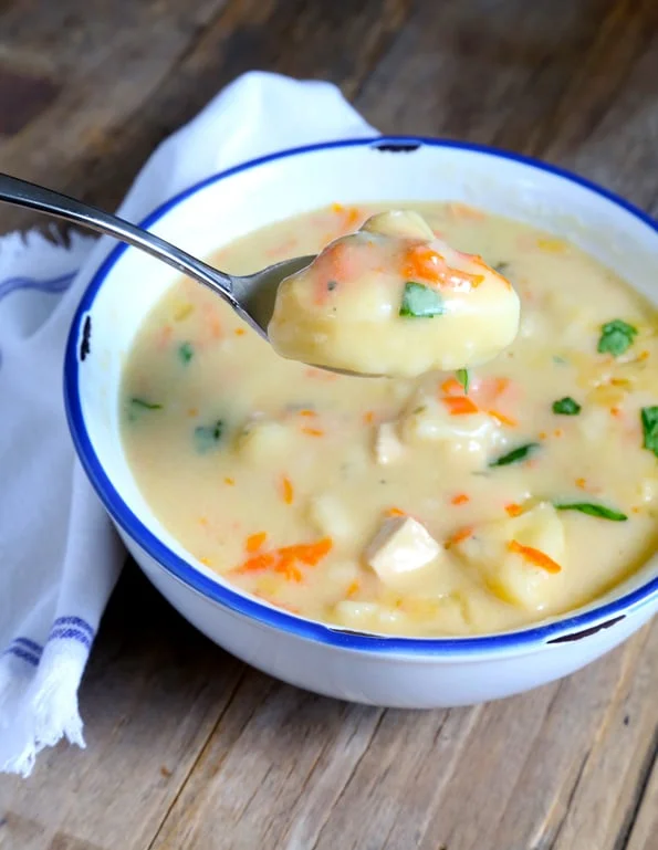 A spoonful of chicken and dumplings over a bowl