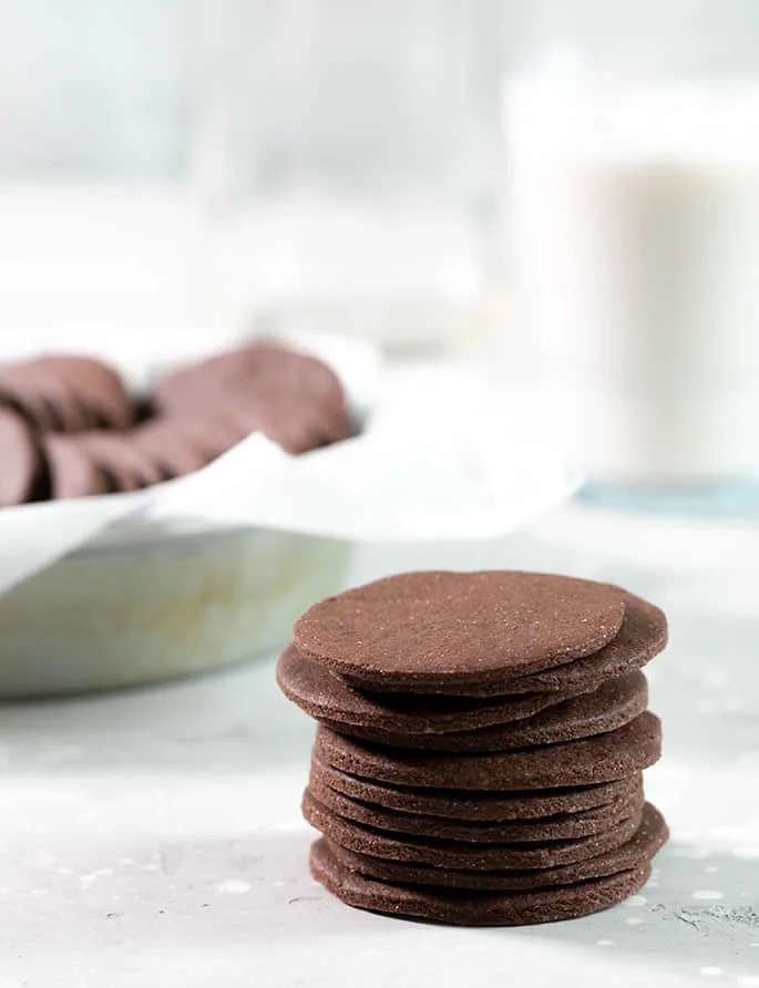 A stack of chocolate wafer cookies