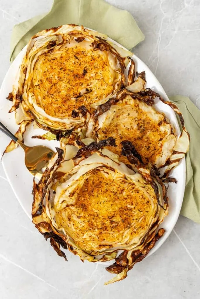 air fryer cabbage on a platter. 