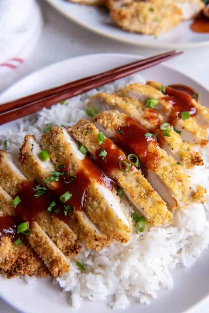 air fryer chicken katsu with sauce on top