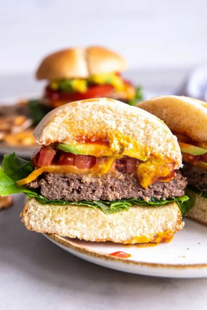 Air fryer Impossible Burger cut in half
