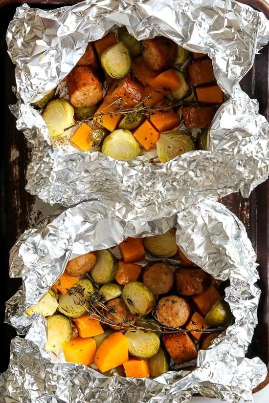 Spicy Sausage, Brussels and Butternut Foil Packets