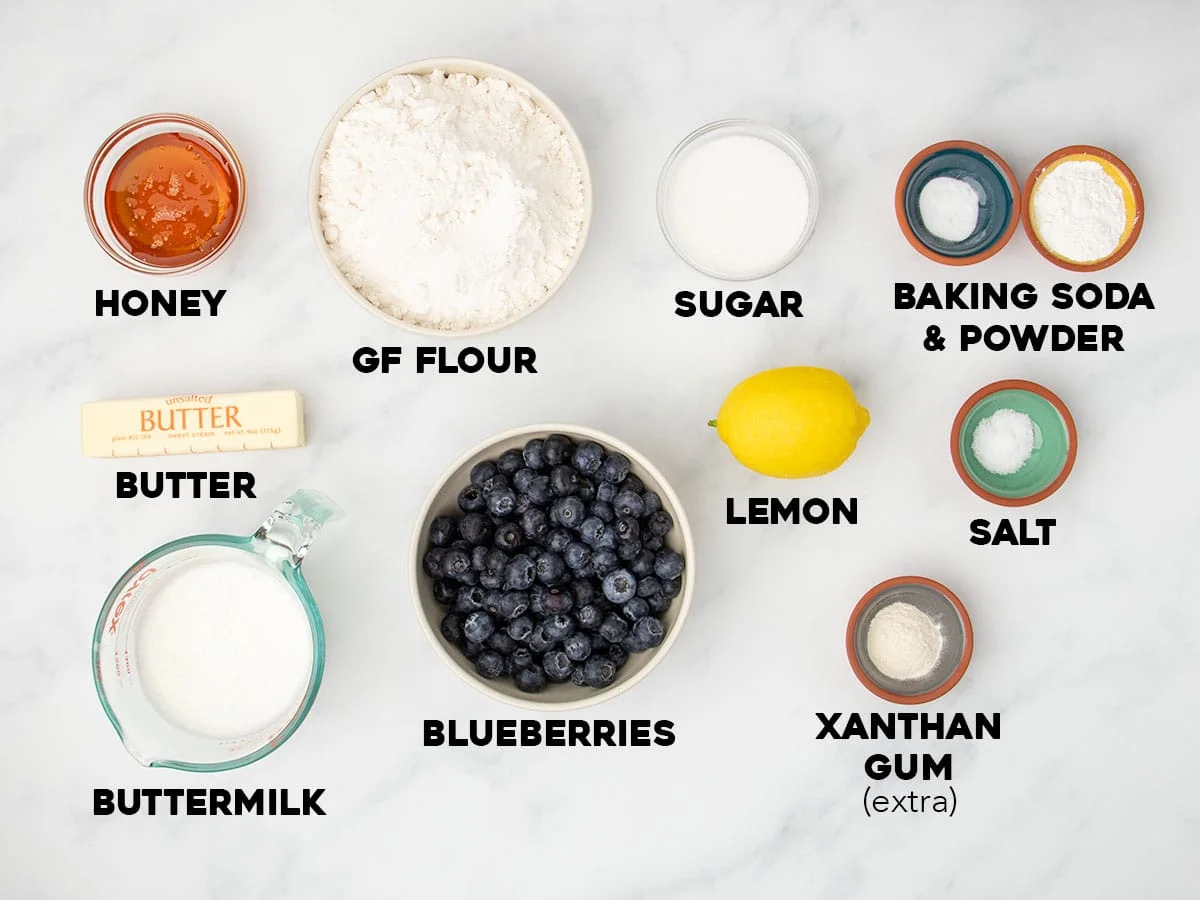 An overhead view of all the ingredients for gluten free blueberry scones, each in its own bowl and labeled with text, arranged on a marble counter.