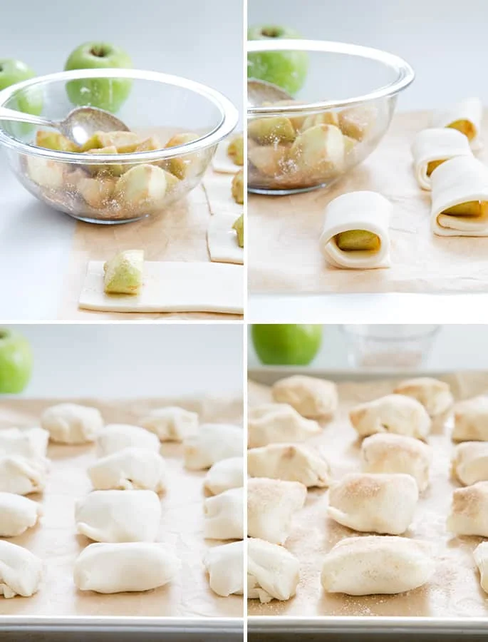 Apples in a bowl, apples wrapped in dough on parchment paper, dough rows on parchment paper, and the dough on parchment paper with cinnamon 