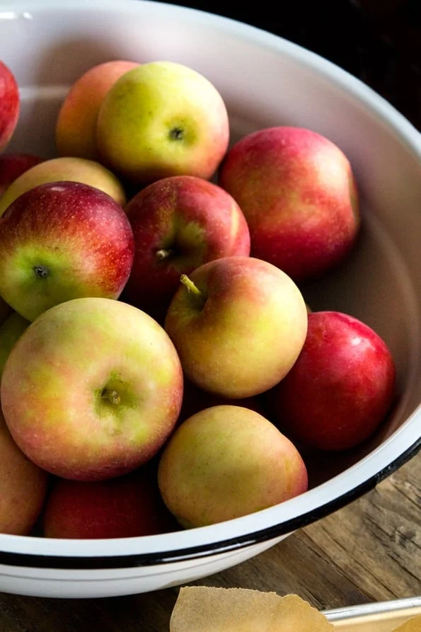 apples in a large white bowl with black rim on a brown wood table