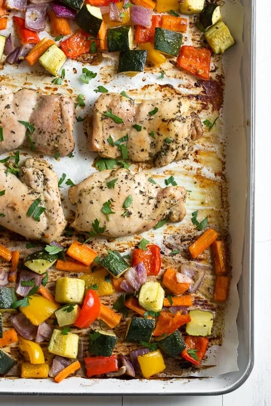 Sheet Pan Italian Baked Boneless Chicken Thighs and Veggies