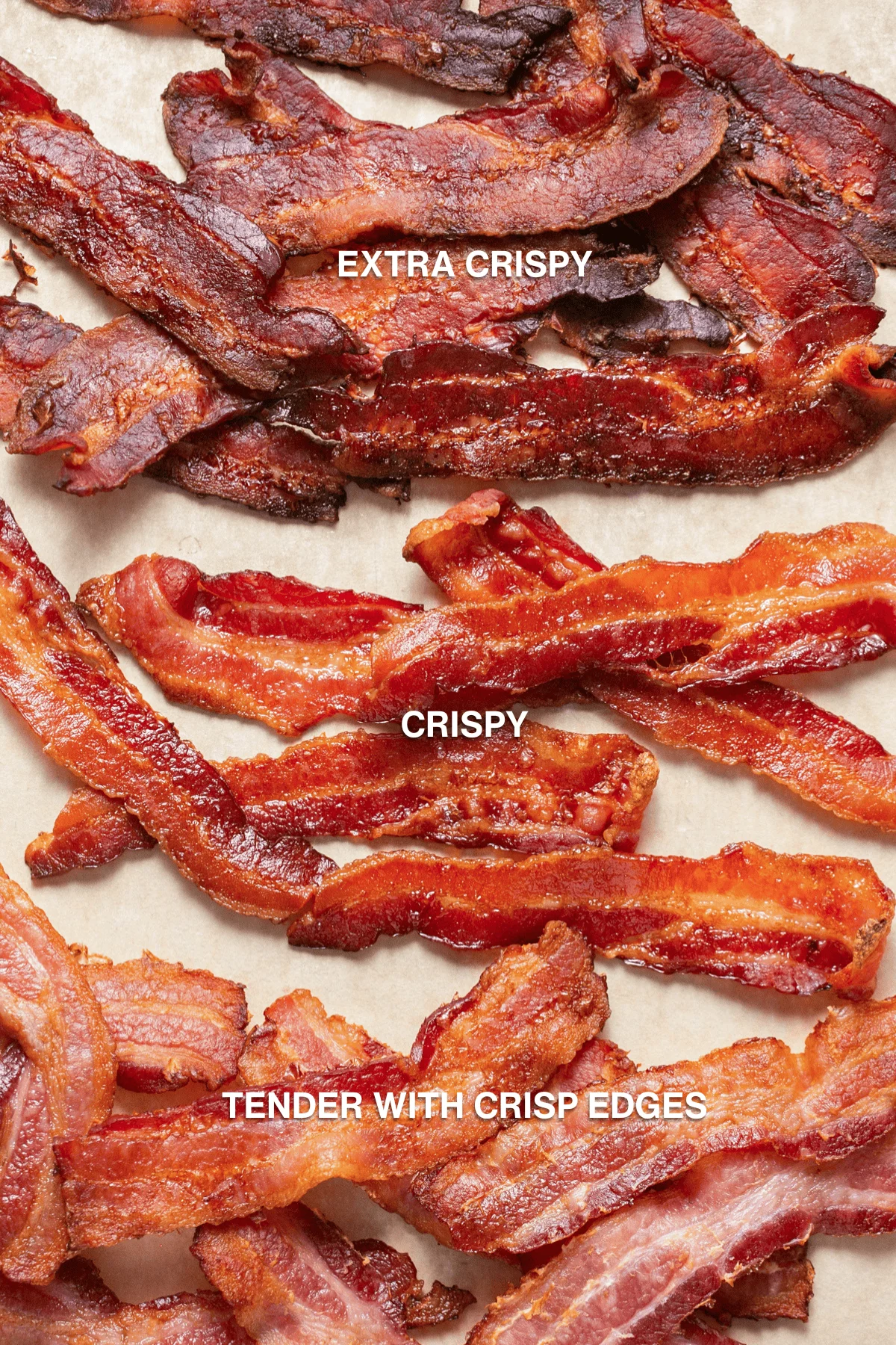 Bacon cooked 3 ways on parchment paper.