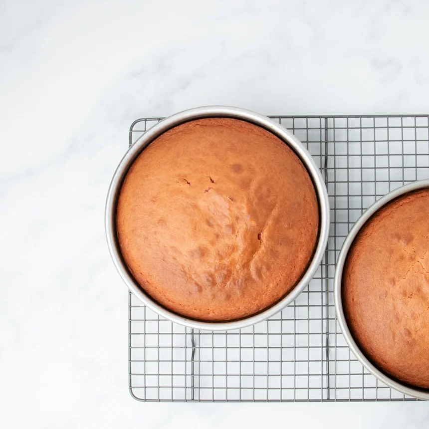 Baked cake layers in pans cooling on a wire rack.