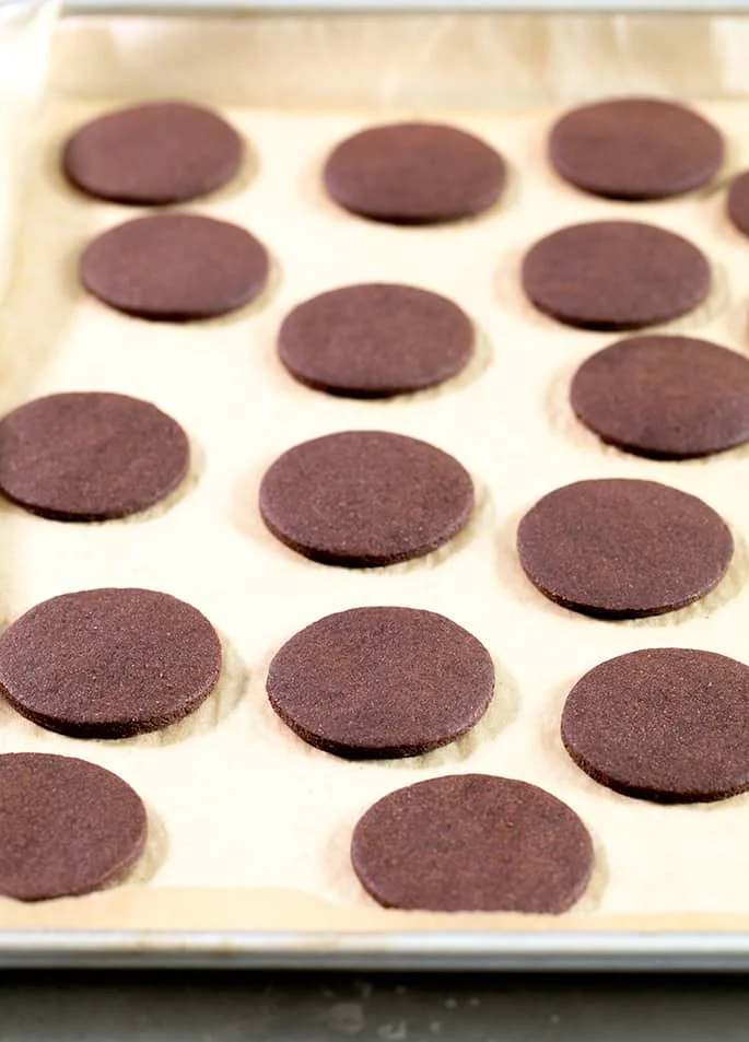 Baked chocolate wafer cookies on a tray