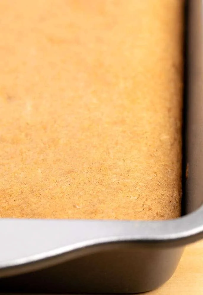 Baked light brown spice cake in 9x13 inch cake pan