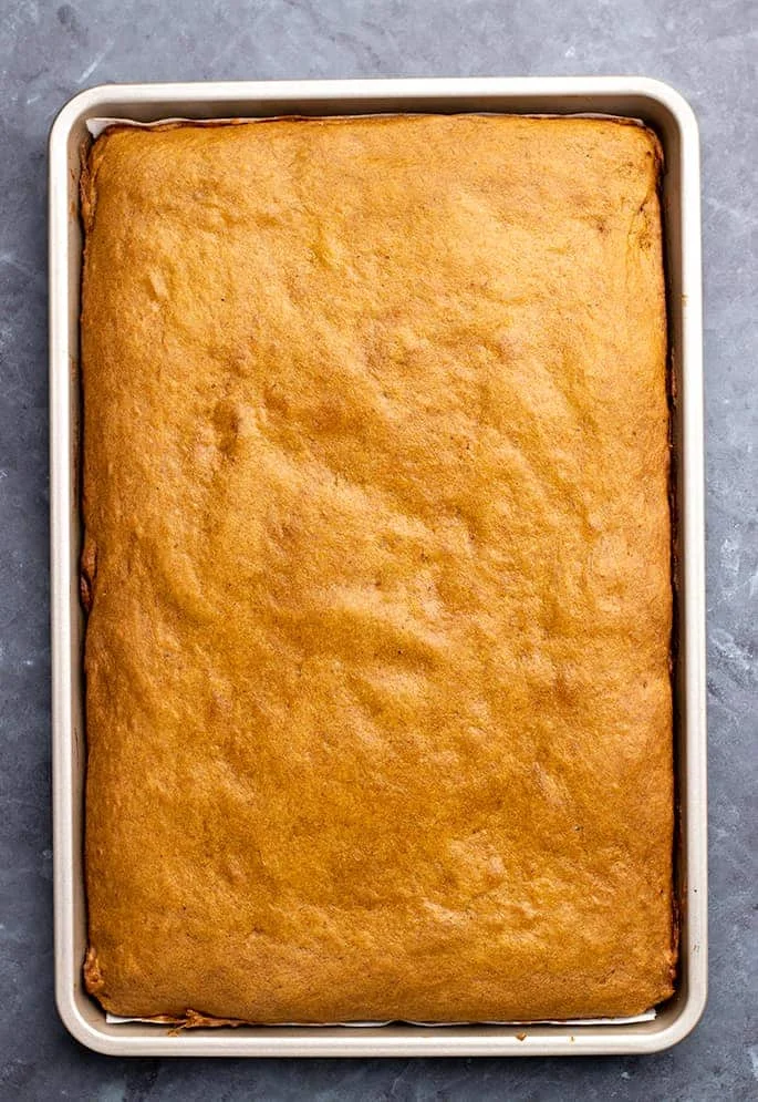 Baked uncut pumpkin bars in jelly roll pan