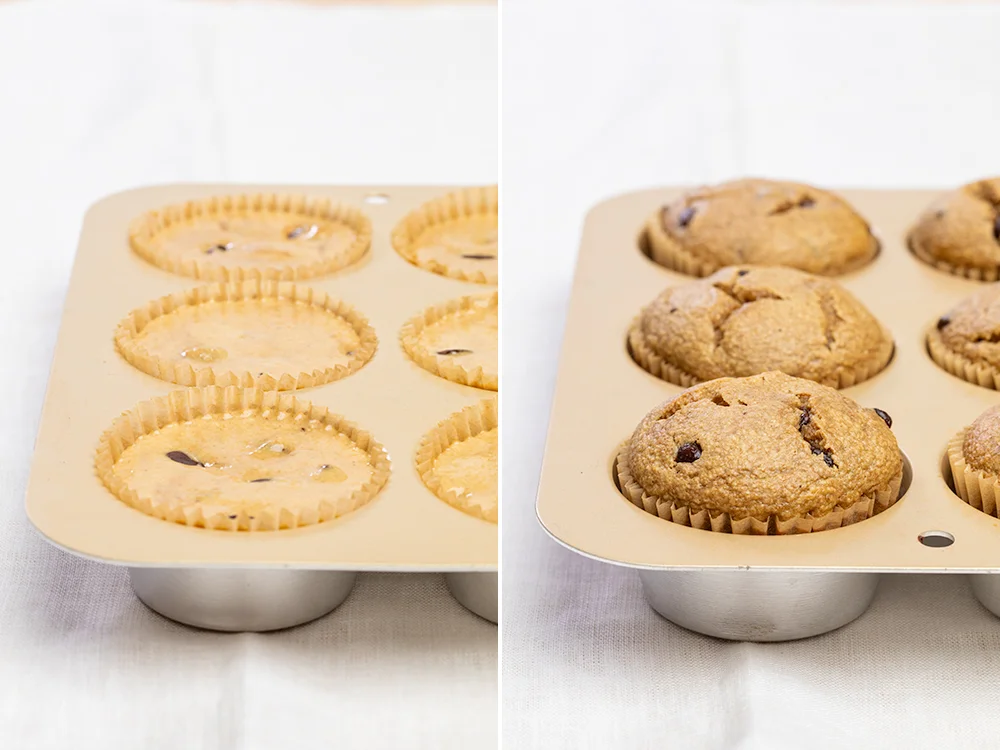 Banana oatmeal muffins in metal 6 cup muffin tin with light brown cupcake liners first unbaked then baked