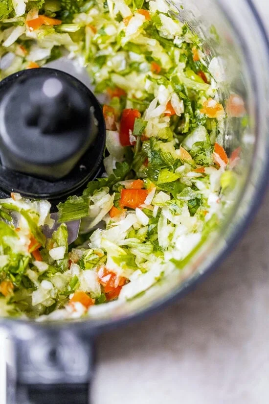 Blended sofrito inside the food processor.