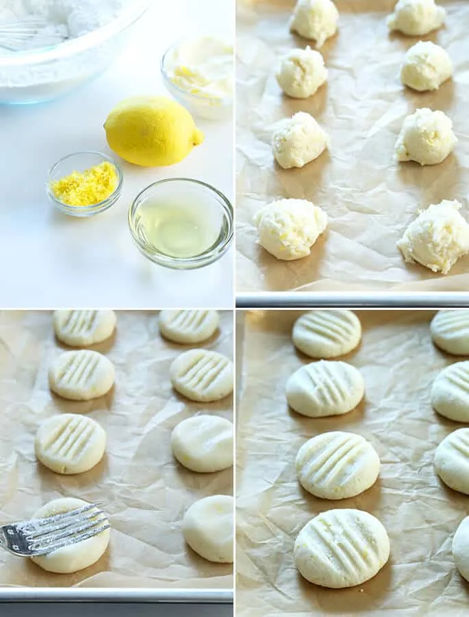 Bowl of lemon juice, small mounds of light dough on brown paper, shaped raw rounds of dough with fork making mark on one round, small baked round cookies with fork marks