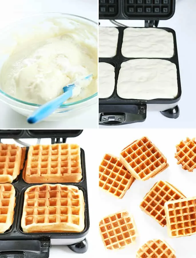 bowl of waffle batter, waffle batter in waffle maker, cooked waffles sin waffle maker, and 6 waffles on white background 
