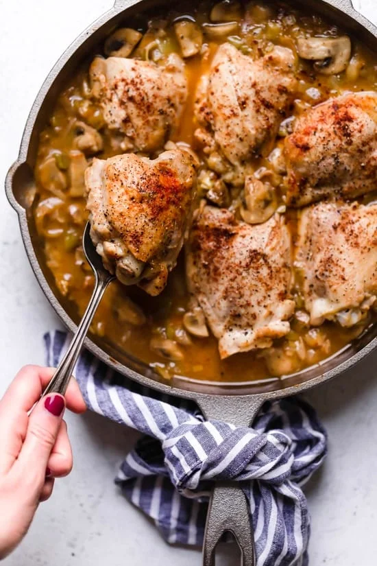 Braised Chicken Thighs with Mushrooms and Leeks is the perfect cold weather comfort food. 