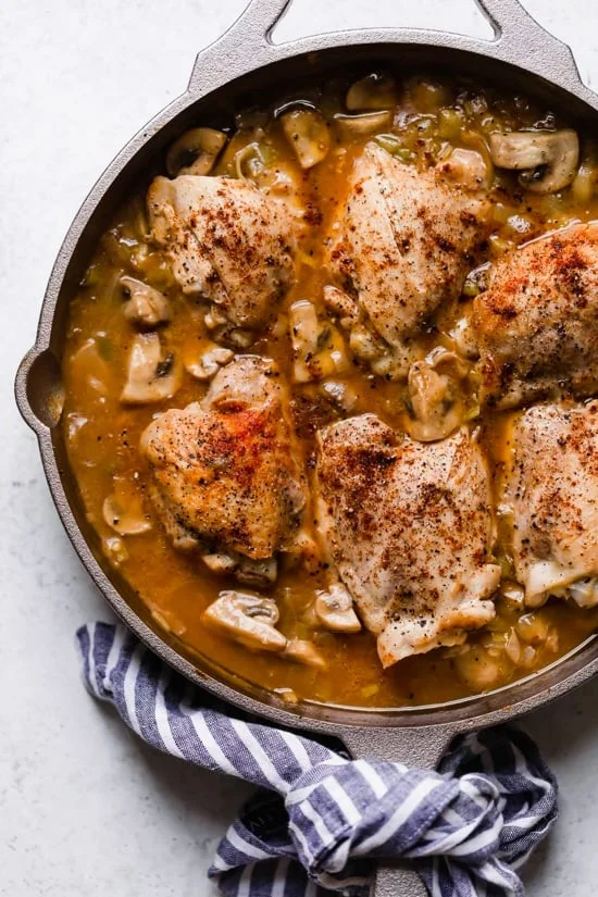 Braised Chicken Thighs with Mushrooms and Leeks is the perfect cold weather comfort food. 