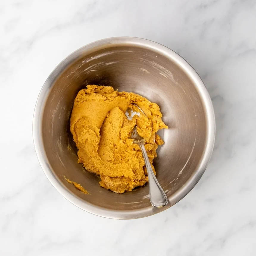 Brown raw cookie dough mixture in a stainless steel bowl with a spoon.