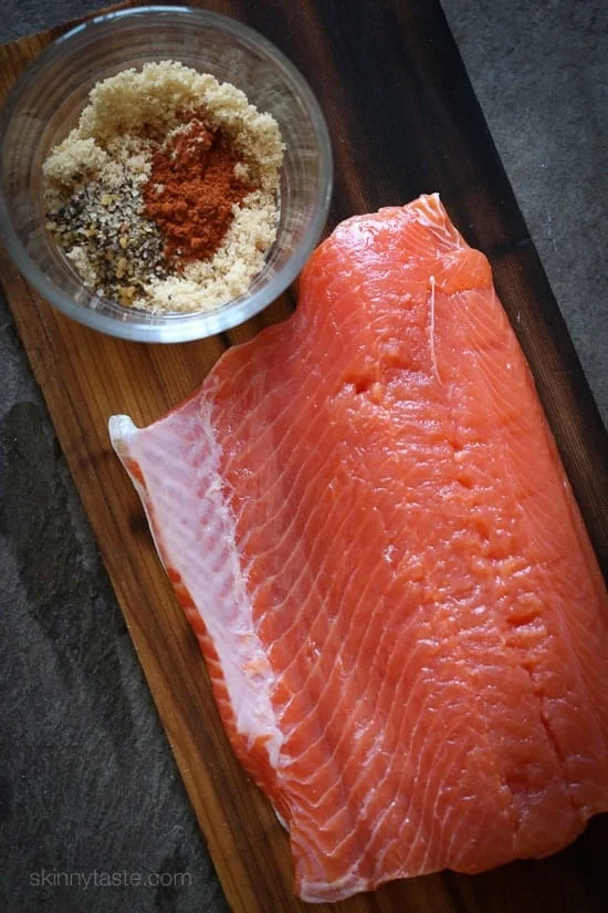 Cedar Plank Spice-Rubbed Salmon – topped with brown sugar and spices
