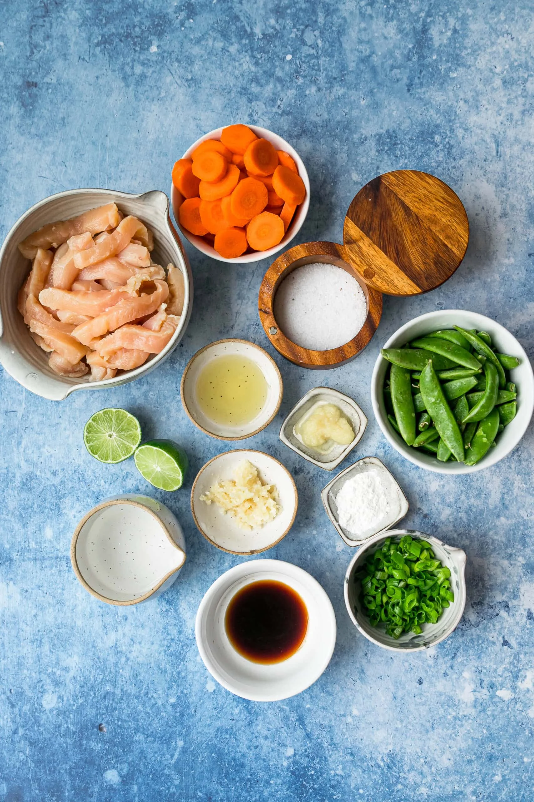 Chicken and vegetable stir fry ingredients.