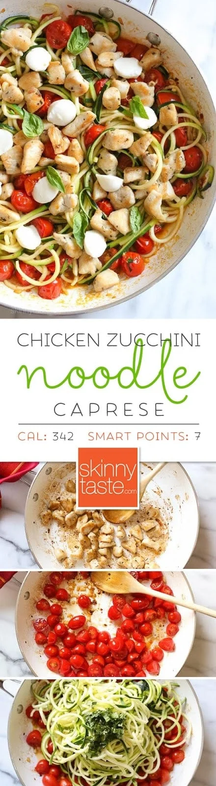 Chicken and Zucchini Noodle Caprese is made with sauteed bite-sized chicken breast and grape tomatoes cooked with spiralized zucchini, fresh mozzarella and basil. An easy, low-carb 30-minute meal!