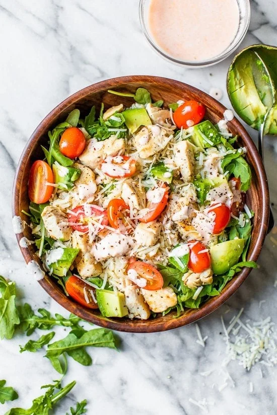 Chicken Brown Rice Bowl with sriracha yogurt sauce