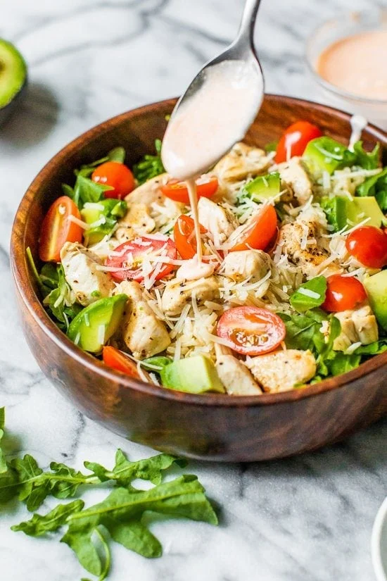 Chicken Brown Rice Bowl with sriracha yogurt sauce
