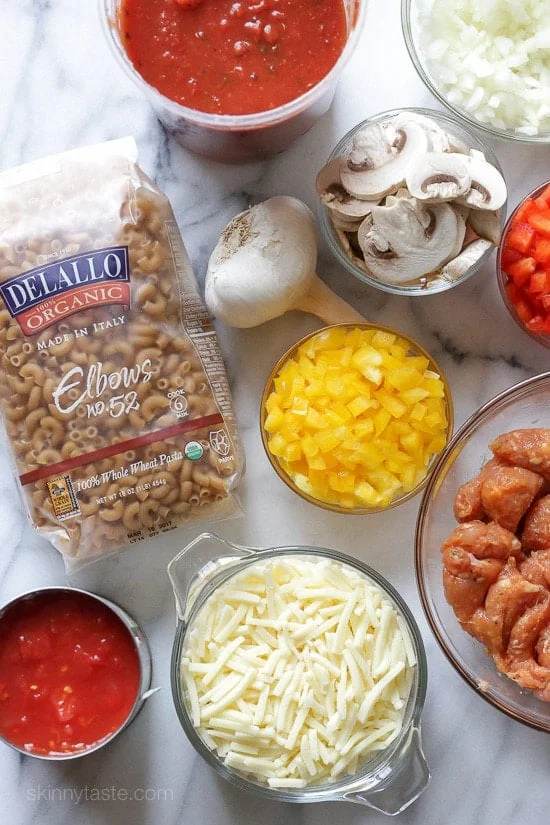 Chicken sausage, bell peppers, onions and mushrooms simmered in a marinara sauce then baked in the casserole with whole wheat macaroni topped with mozzarella.