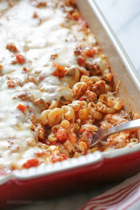 Chicken sausage, bell peppers, onions and mushrooms simmered in a marinara sauce then baked in the casserole with whole wheat macaroni topped with mozzarella.