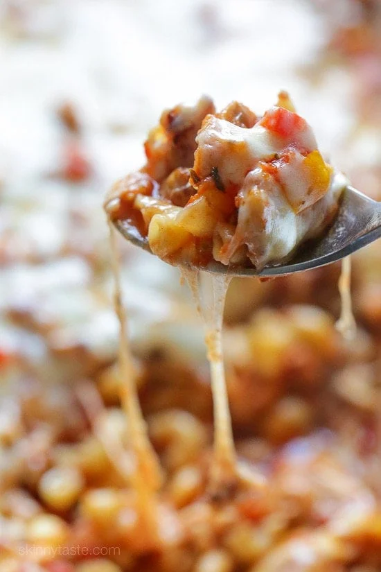 Chicken sausage, bell peppers, onions and mushrooms simmered in a marinara sauce then baked in the casserole with whole wheat macaroni topped with mozzarella.
