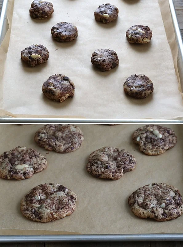 Chocolate chip cookie dough and chocolate chip cookies on brown surface. 