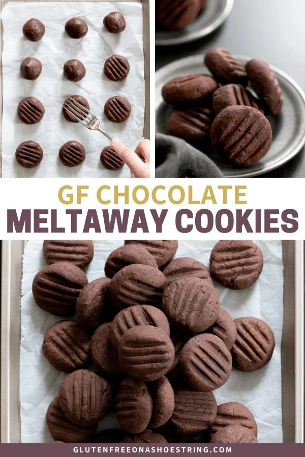 Chocolate gluten free meltaway cookies being shaped and baked, in a generous pile of cookies.