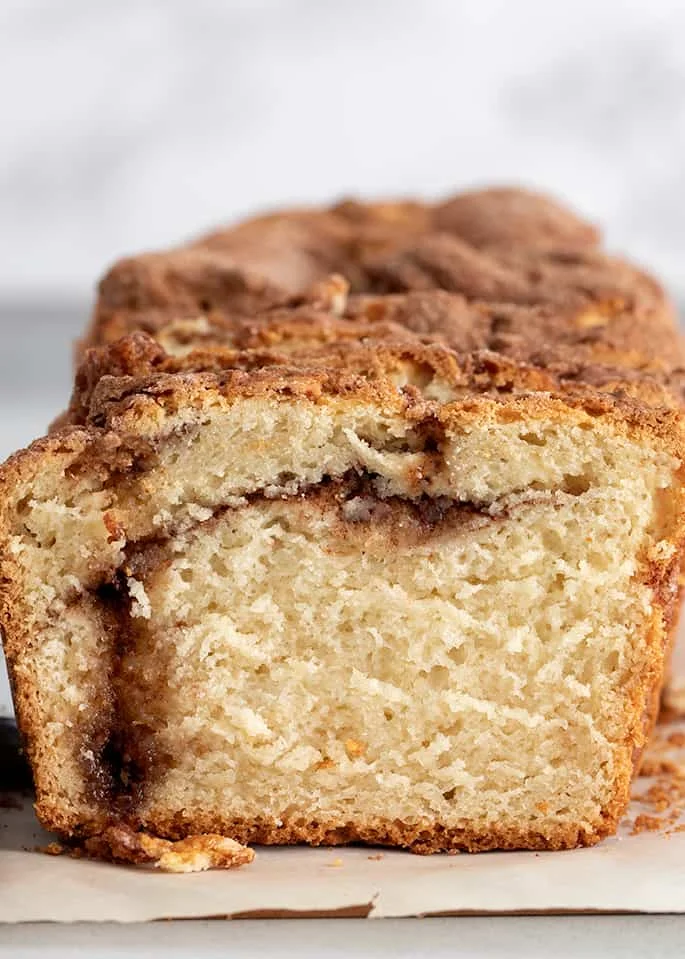 Cinnamon Swirl Quick Bread slice facing forward