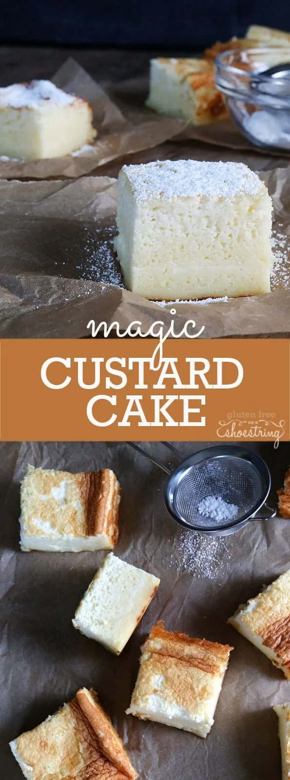 Close up and overhead view of custard cake