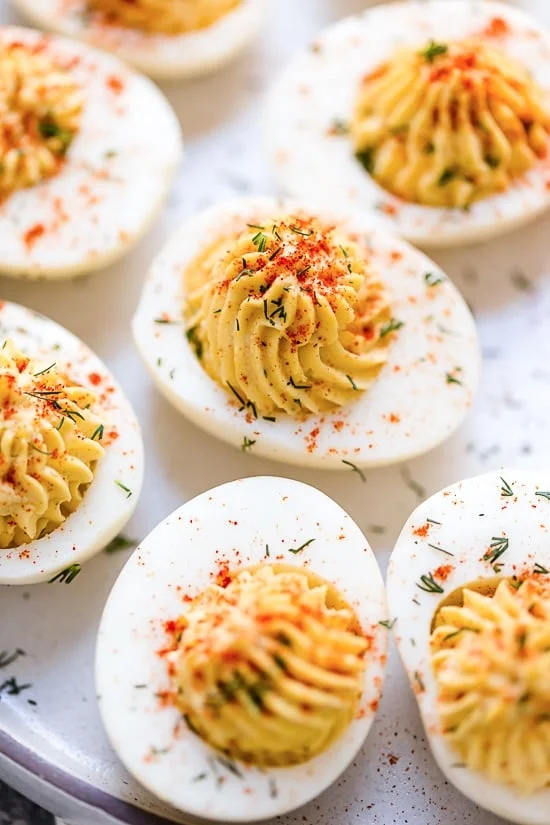 Close up of deviled eggs on a platter