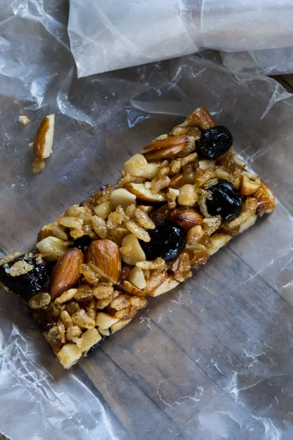 Close up of granola bar on wooden surface 