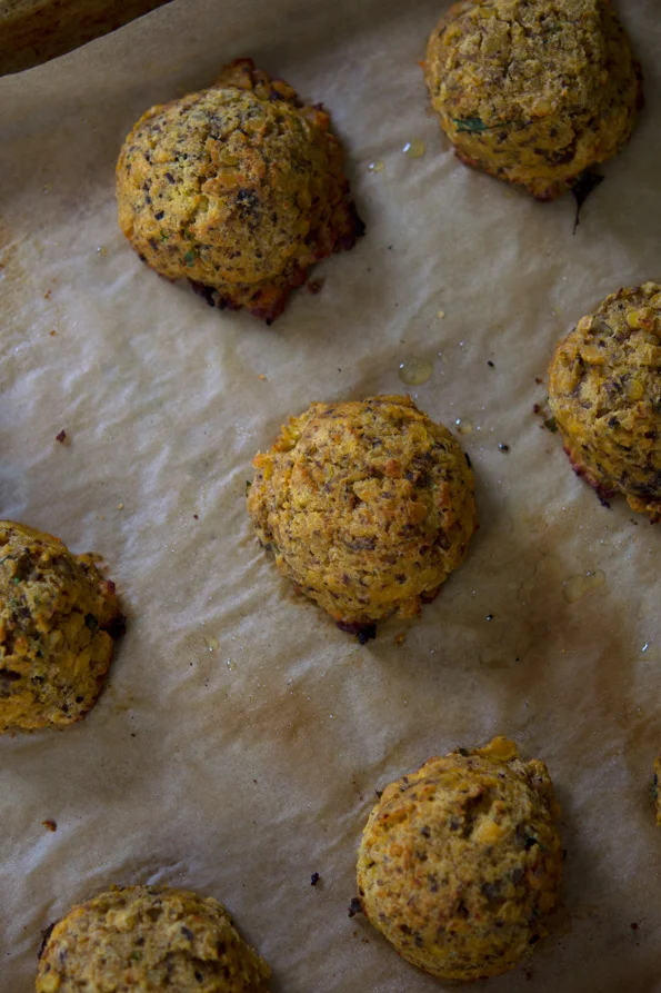Close up of meatballs on brown surface 