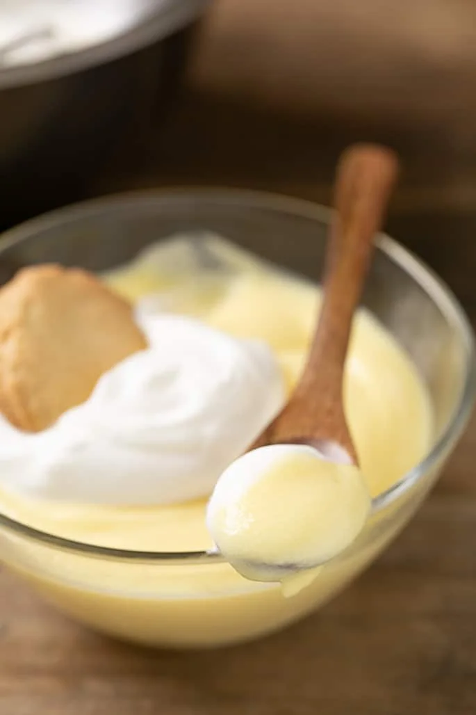 Closeup image of custard and whipped cream on small wooden spoon