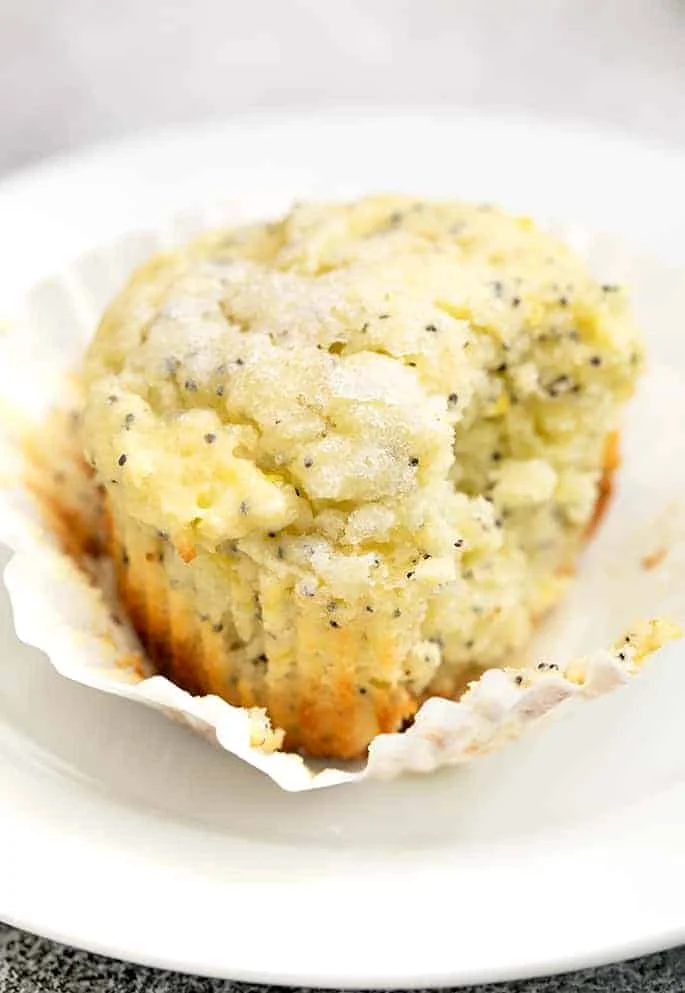 Closeup image of lemon poppyseed muffin on small white plate