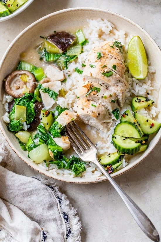 Coconut-Poached Chicken with Bok Choy and Mushrooms