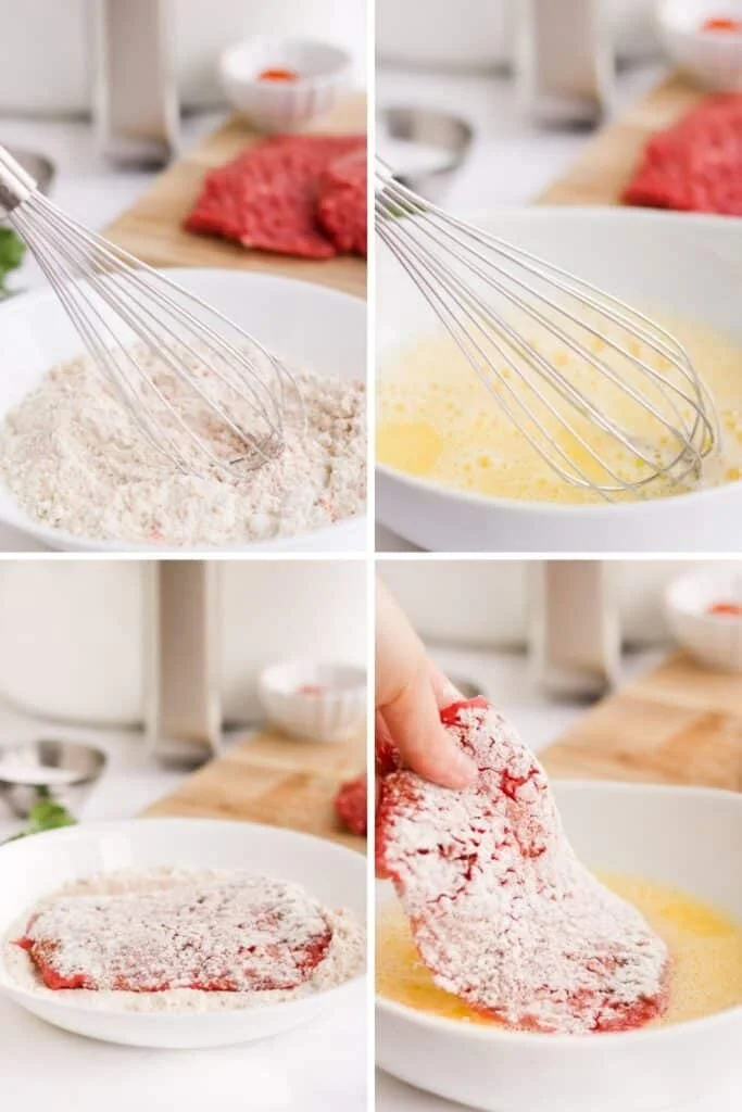 Collage of in-process shots (whisking flour, eggs, and coating cube steak in flour and eggs)