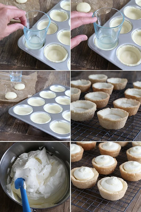 Cookie cups with cheesecake filling and blueberries being made 