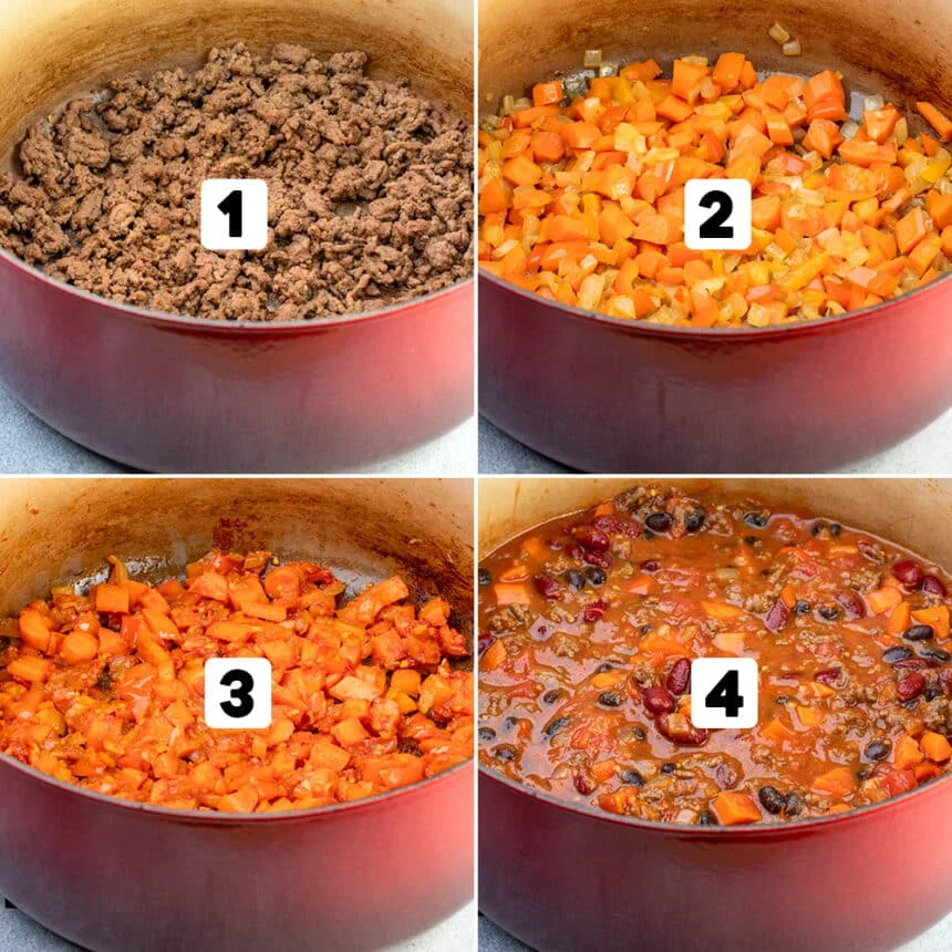 Cooking ground beef and vegetables in red cast iron skillet.