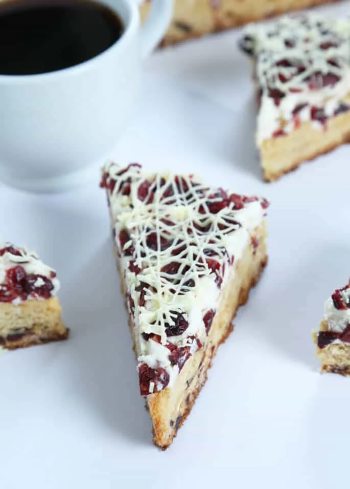 Cranberry bliss bars on a white surface 