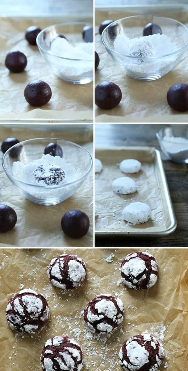 Crinkle cookie dough being dipped in powdered sugar 