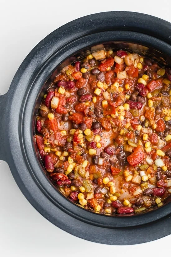 Crock Pot Chicken Taco Chili is an easy slow cooker dump recipe using freezer and pantry staples!