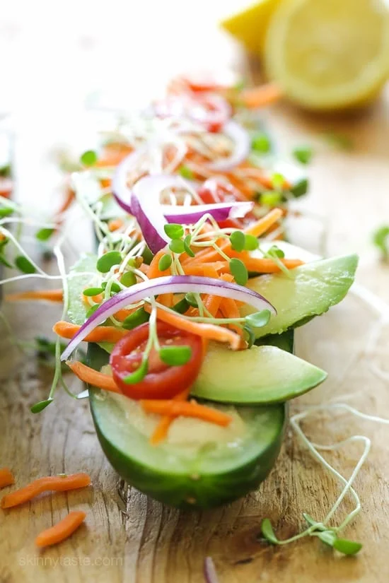 Veggie Hummus Cucumber Boats