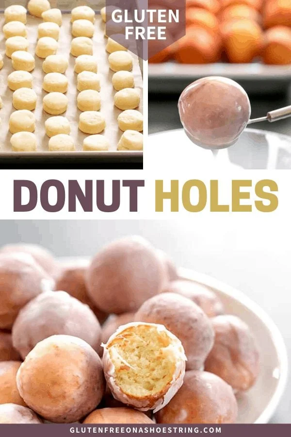 Donut holes raw, being dipped, and bitten